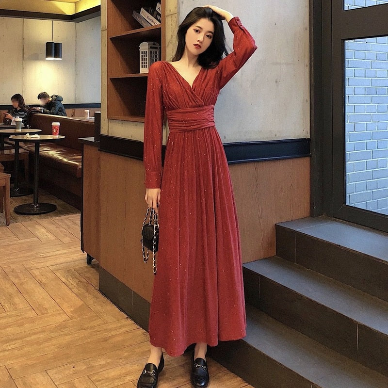 Robe Maxi Femme Coton Pailleté – Décolleté Profond Manches Longues Coupe Fluide