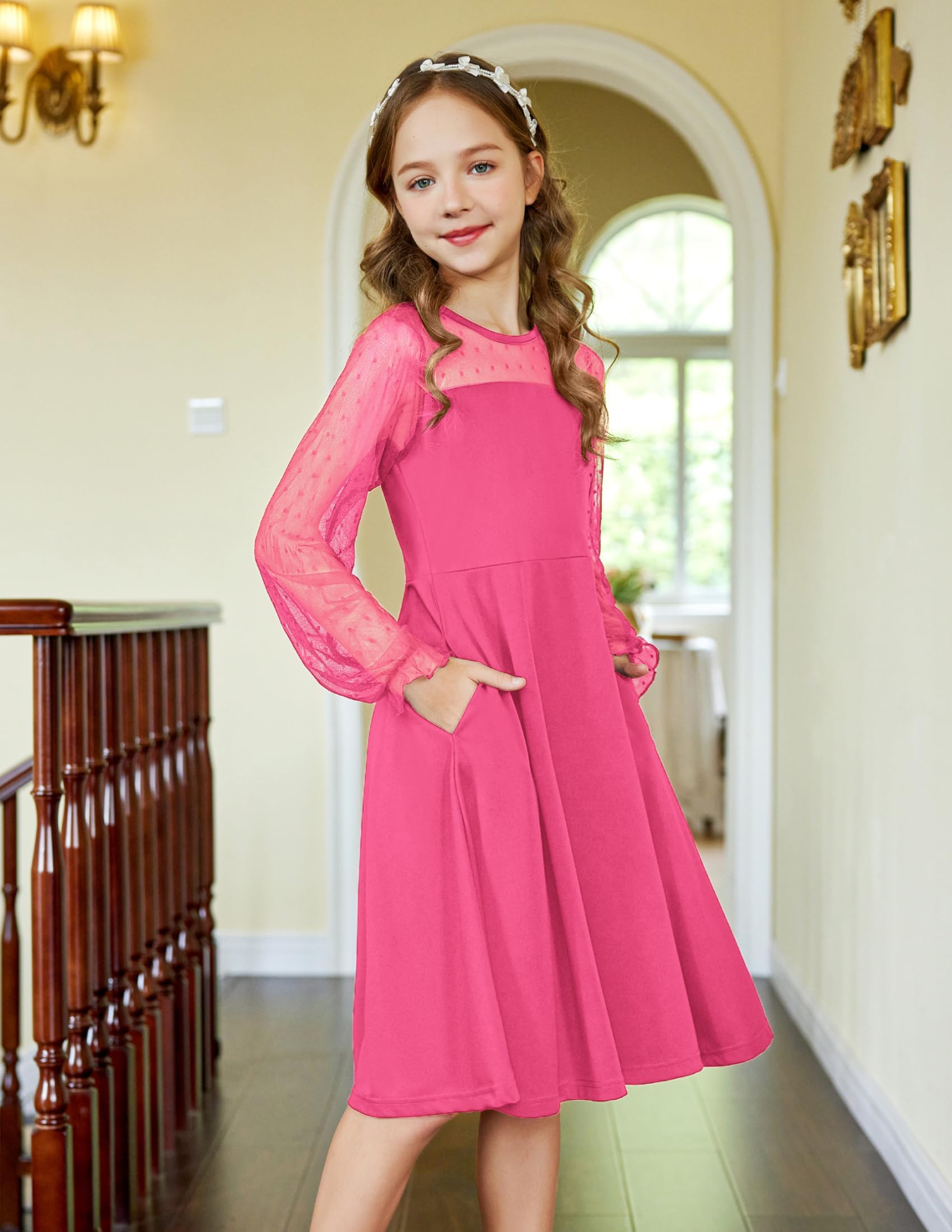 Robe Midi Femme en tissu léger, manches longues, coupe fluide – Menvelo