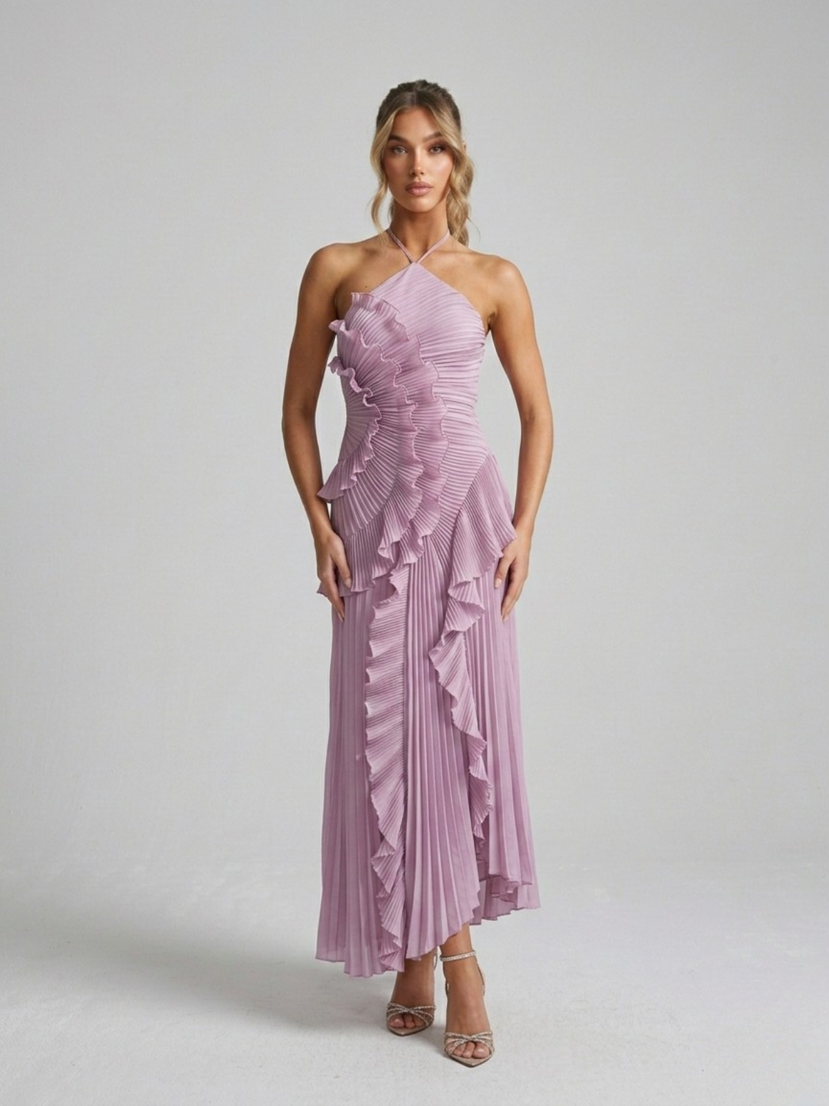 Robe Midi Femme à Col Licou Plissée – Détails Volants Élégants