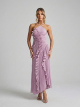Robe Midi Femme à Col Licou Plissée – Détails Volants Élégants