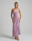Robe Midi Femme à Col Licou Plissée – Détails Volants Élégants