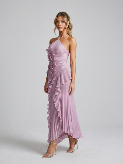 Robe Midi Femme à Col Licou Plissée – Détails Volants Élégants