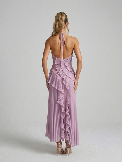 Robe Midi Femme à Col Licou Plissée – Détails Volants Élégants