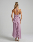 Robe Midi Femme à Col Licou Plissée – Détails Volants Élégants