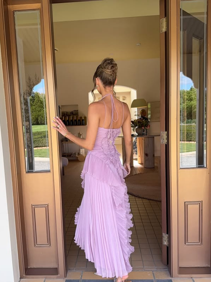 Robe Midi Femme à Col Licou Plissée – Détails Volants Élégants
