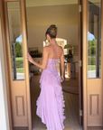 Robe Midi Femme à Col Licou Plissée – Détails Volants Élégants
