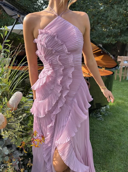 Robe Midi Femme à Col Licou Plissée – Détails Volants Élégants