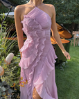 Robe Midi Femme à Col Licou Plissée – Détails Volants Élégants