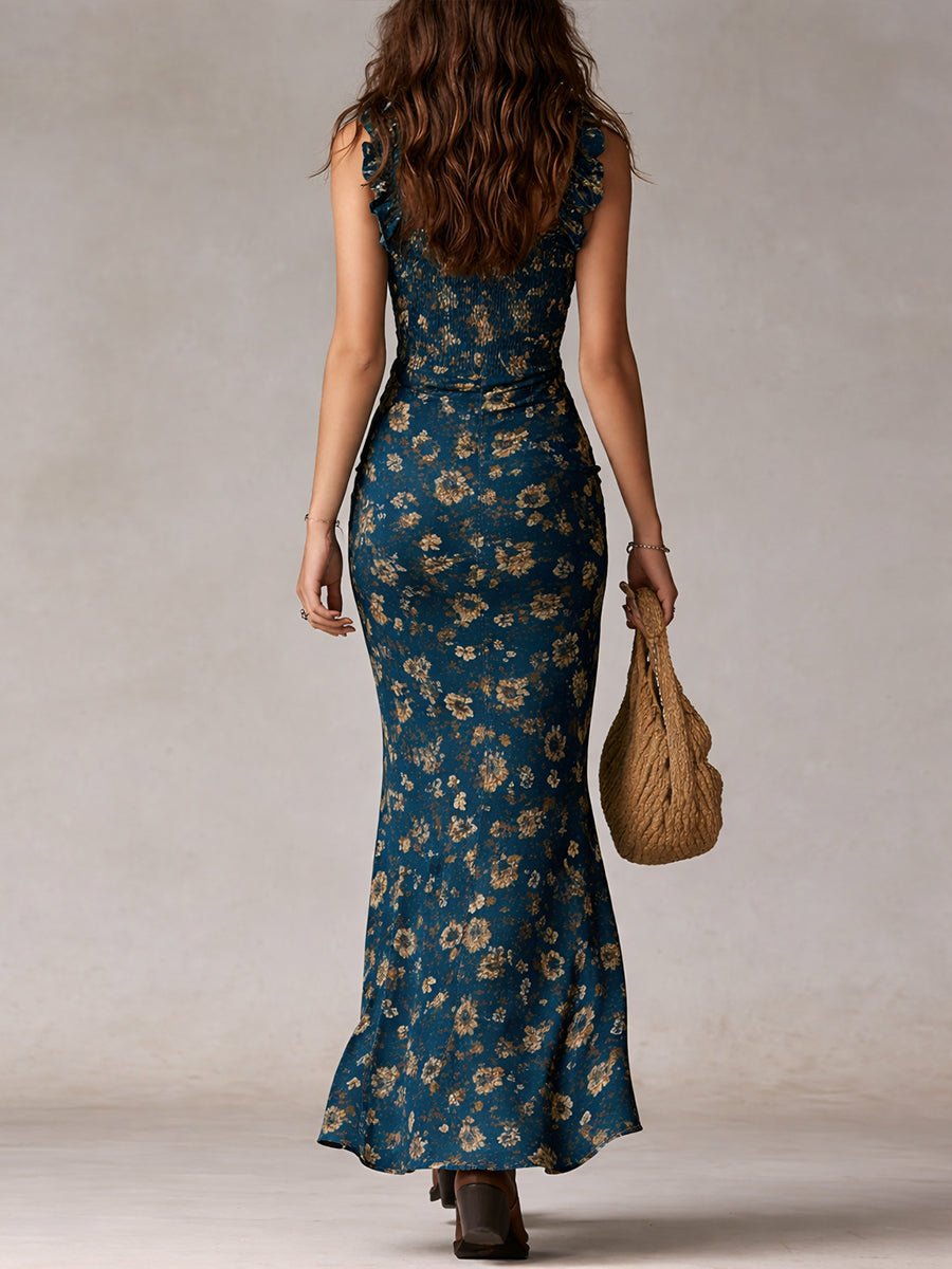 Isla | Robe maxi bohème fleurie pour femme avec fronces et fente latérale