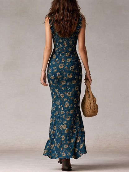 Isla | Robe maxi bohème fleurie pour femme avec fronces et fente latérale