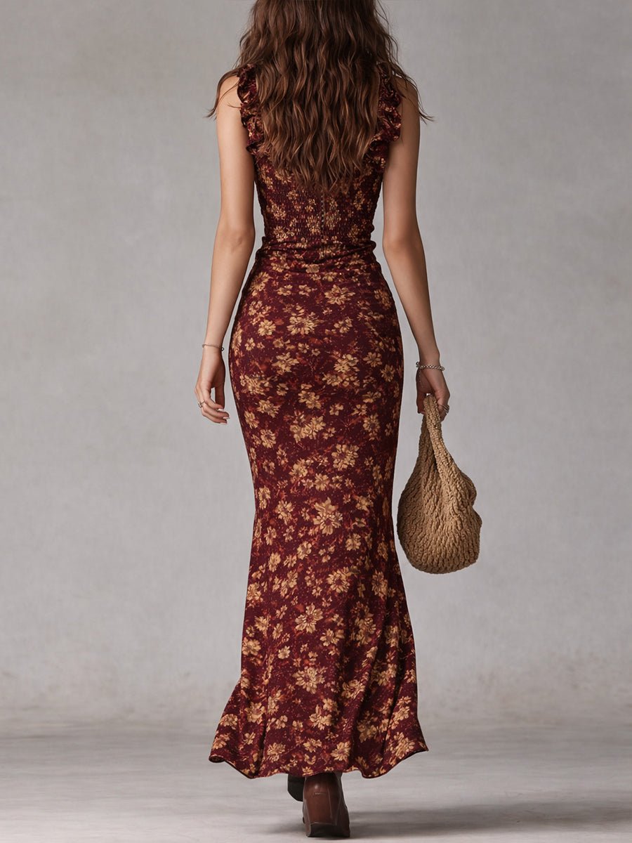 Isla | Robe maxi bohème fleurie pour femme avec fronces et fente latérale