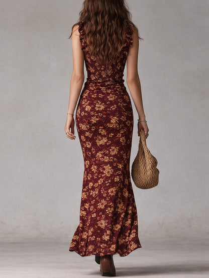 Isla | Robe maxi bohème fleurie pour femme avec fronces et fente latérale