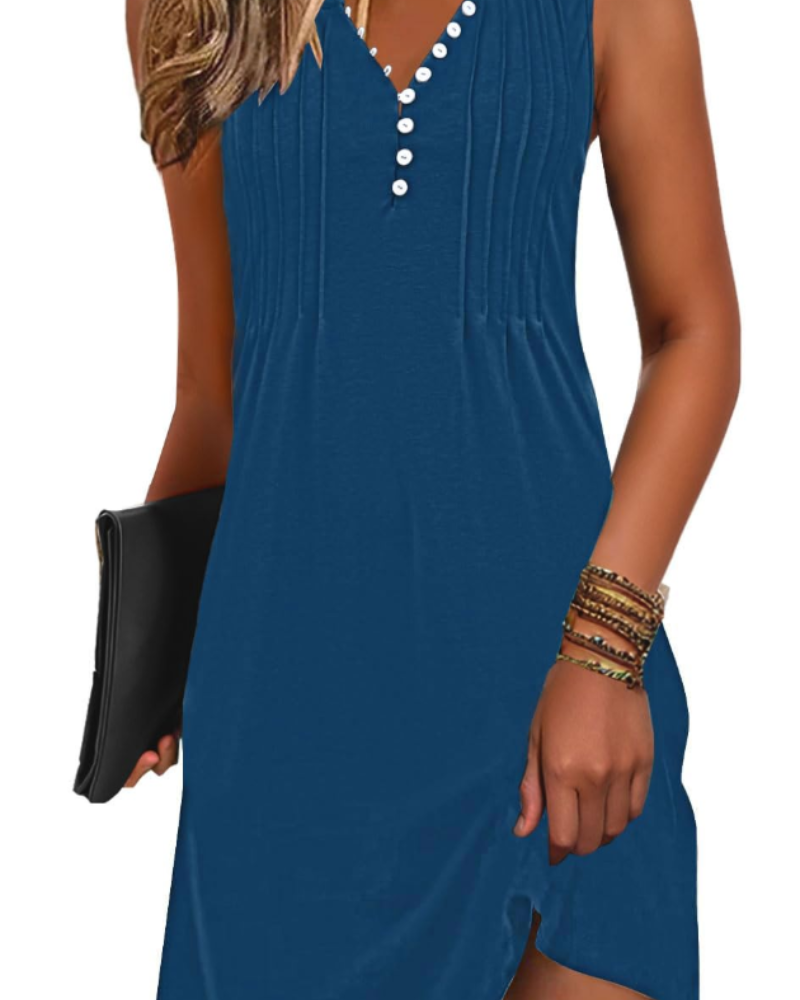 Janice Robe de Plage Femme – Robe Été Sans Manches Col V Boutonnée, Coupe A-Line Fluide avec Poches