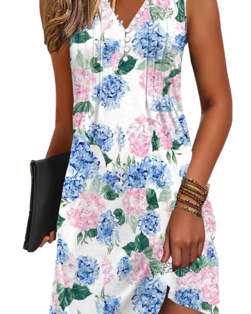 Janice Robe de Plage Femme – Robe Été Sans Manches Col V Boutonnée, Coupe A-Line Fluide avec Poches