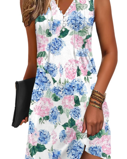 Janice Robe de Plage Femme – Robe Été Sans Manches Col V Boutonnée, Coupe A-Line Fluide avec Poches