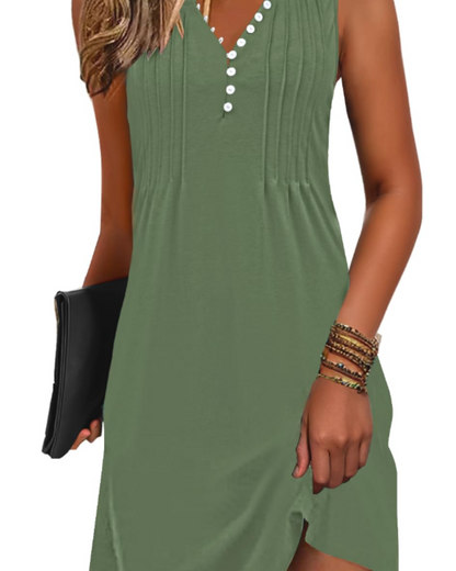 Janice Robe de Plage Femme – Robe Été Sans Manches Col V Boutonnée, Coupe A-Line Fluide avec Poches