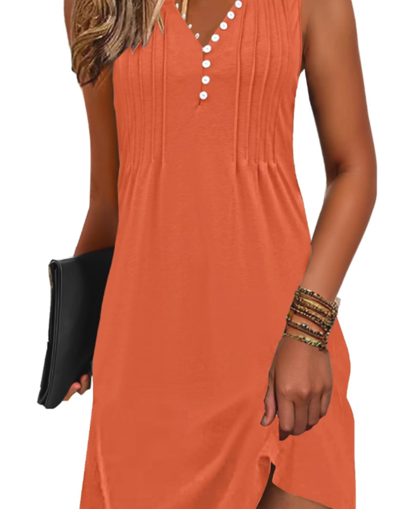 Janice Robe de Plage Femme – Robe Été Sans Manches Col V Boutonnée, Coupe A-Line Fluide avec Poches