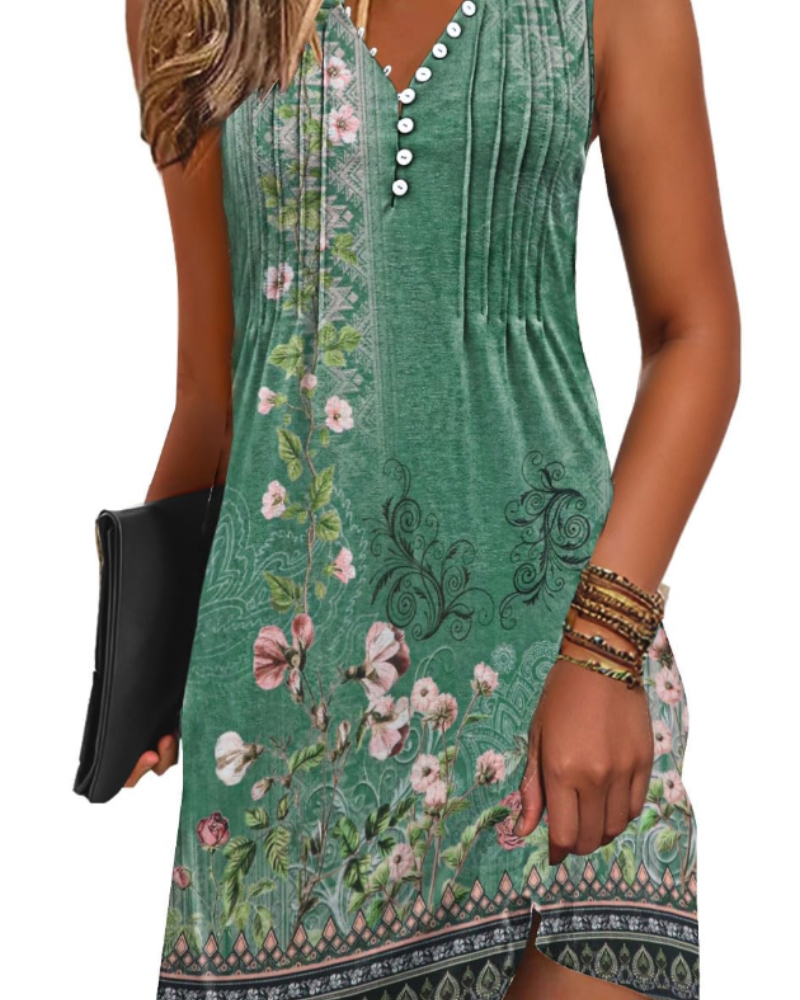 Janice Robe de Plage Femme – Robe Été Sans Manches Col V Boutonnée, Coupe A-Line Fluide avec Poches