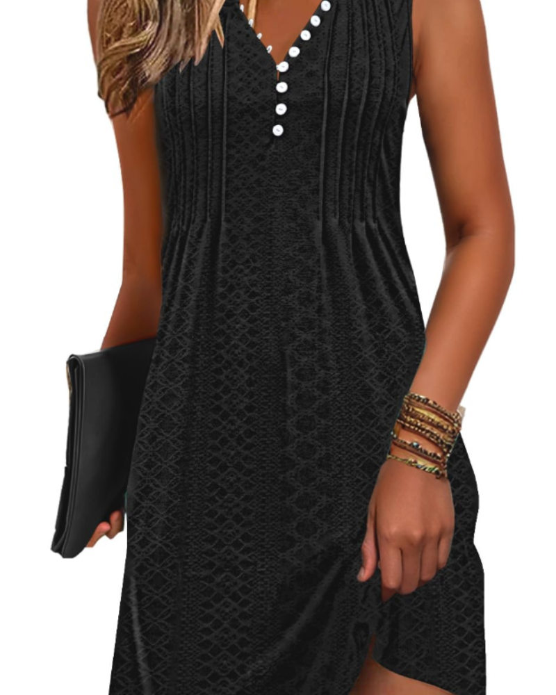 Janice Robe de Plage Femme – Robe Été Sans Manches Col V Boutonnée, Coupe A-Line Fluide avec Poches