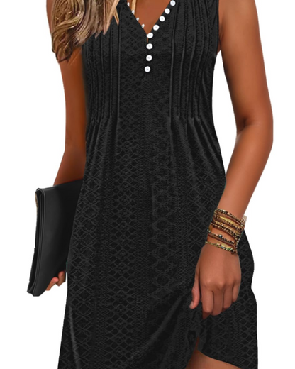 Janice Robe de Plage Femme – Robe Été Sans Manches Col V Boutonnée, Coupe A-Line Fluide avec Poches