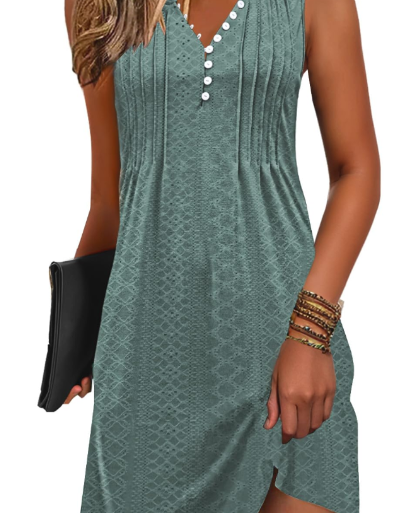 Janice Robe de Plage Femme – Robe Été Sans Manches Col V Boutonnée, Coupe A-Line Fluide avec Poches
