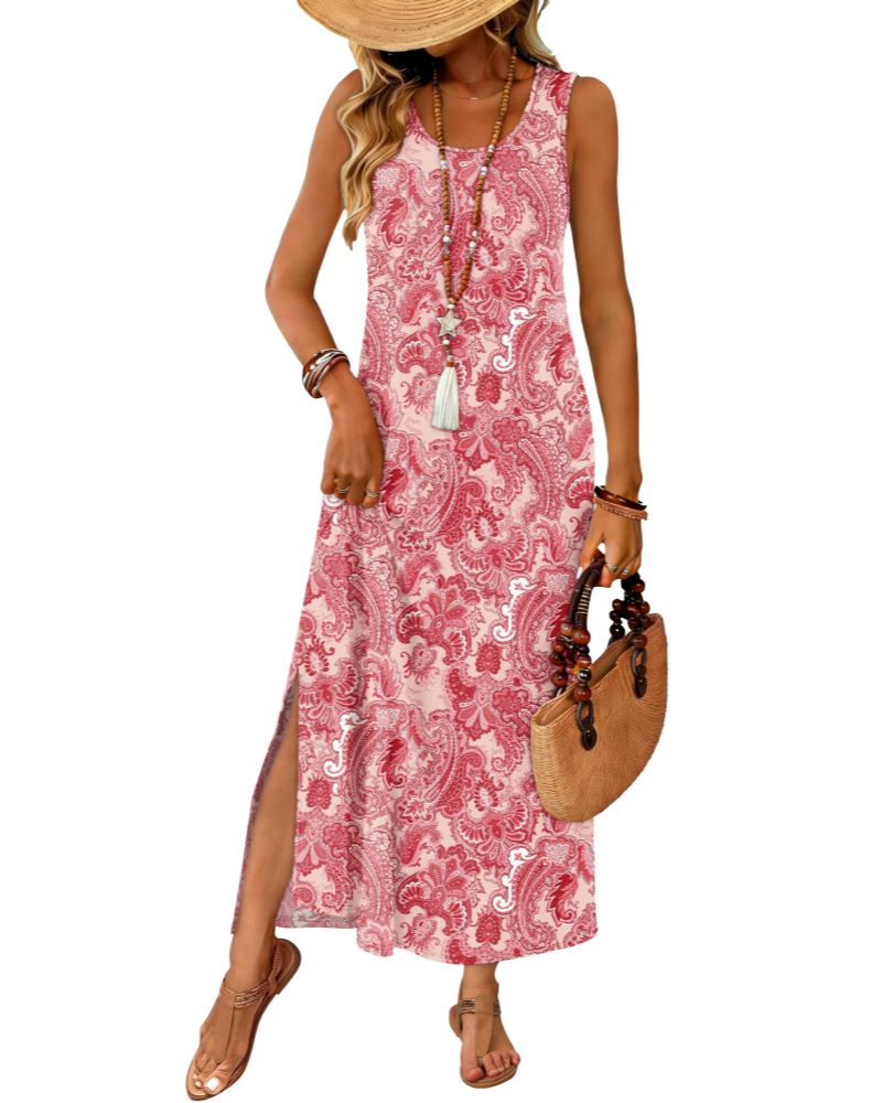 Janea Robe Maxi Femme – Robe Été Sans Manches Coupe Fluide, Col Rond avec Fente & Poches, Style Plage Bohème