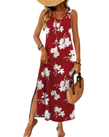 Janea Robe Maxi Femme – Robe Été Sans Manches Coupe Fluide, Col Rond avec Fente & Poches, Style Plage Bohème