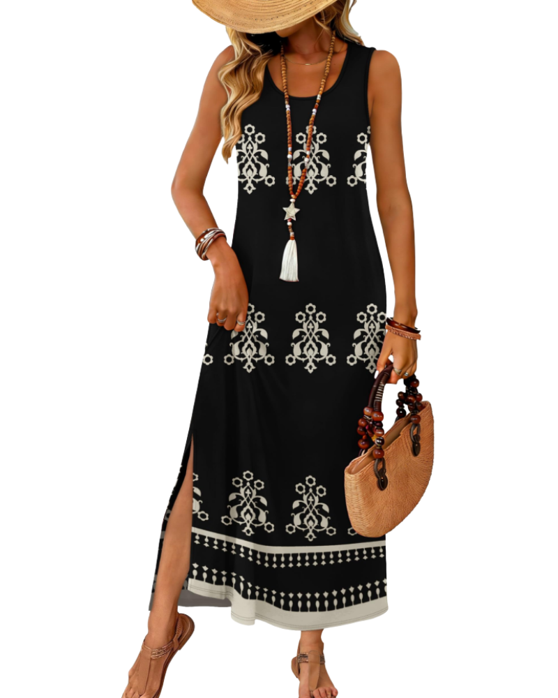 Janea Robe Maxi Femme – Robe Été Sans Manches Coupe Fluide, Col Rond avec Fente & Poches, Style Plage Bohème