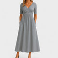 Robe Midi Élégante Femme à Col V – Manches Courtes Taille Définie