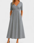 Robe Midi Élégante Femme à Col V – Manches Courtes Taille Définie