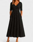 Robe Midi Élégante Femme à Col V – Manches Courtes Taille Définie