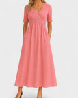 Robe Midi Élégante Femme à Col V – Manches Courtes Taille Définie