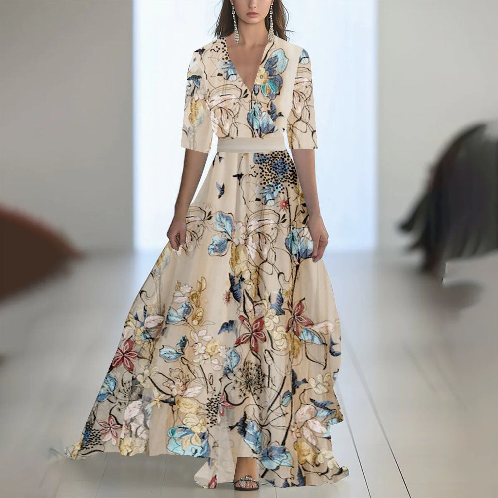 Robe Maxi Fleurie Femme – Col V Taille Ajustée