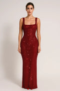 Robe Longue Femme à Paillettes – Dos Nu et Col Carré