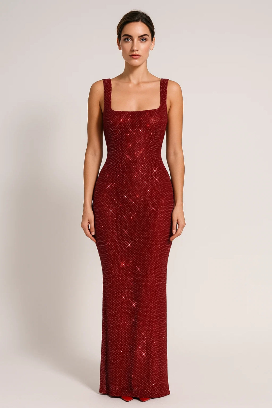 Robe Longue Femme à Paillettes – Dos Nu et Col Carré