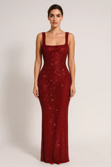 Robe Longue Femme à Paillettes – Dos Nu et Col Carré