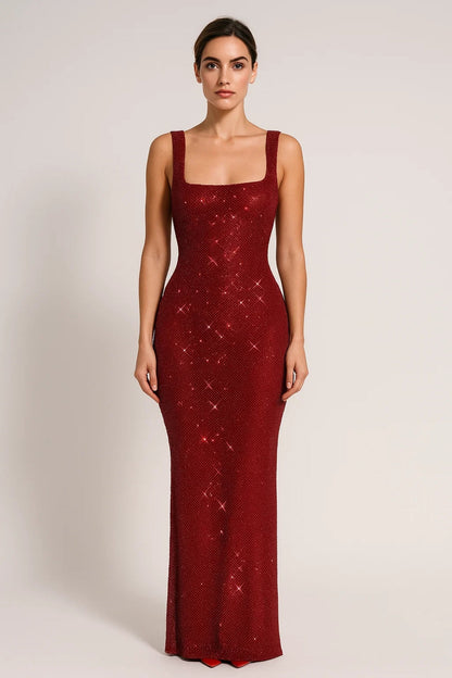 Robe Longue Femme à Paillettes – Dos Nu et Col Carré