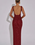 Robe Longue Femme à Paillettes – Dos Nu et Col Carré
