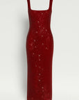 Robe Longue Femme à Paillettes – Dos Nu et Col Carré