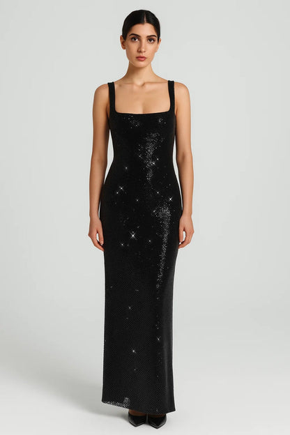 Robe Longue Femme à Paillettes – Dos Nu et Col Carré