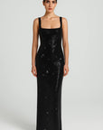 Robe Longue Femme à Paillettes – Dos Nu et Col Carré