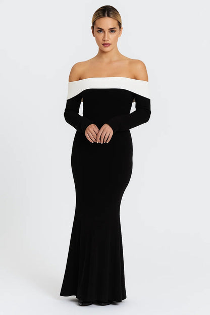 Robe Longue Femme Épaules Dénudées – Manches Longues Coupe Ajustée