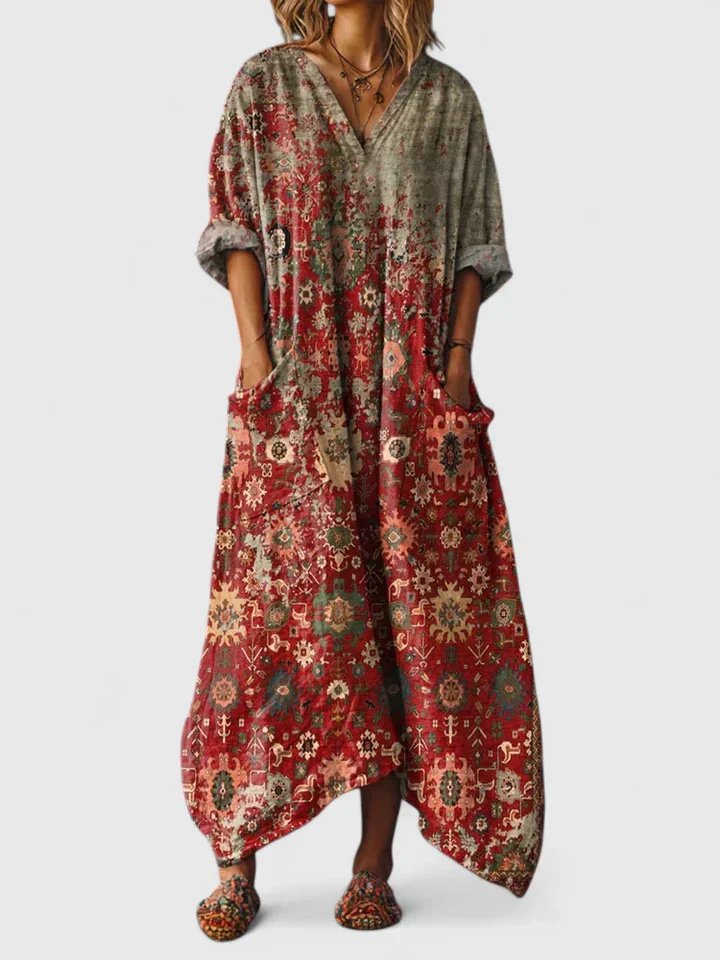 Lily | Robe maxi bohème en coton pour femme avec col en V et poches