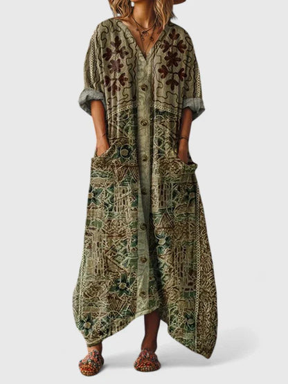 Lily | Robe maxi bohème en coton pour femme avec col en V et poches