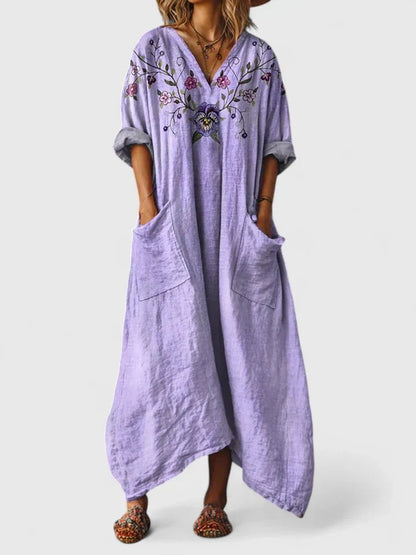 Lily | Robe maxi bohème en coton pour femme avec col en V et poches