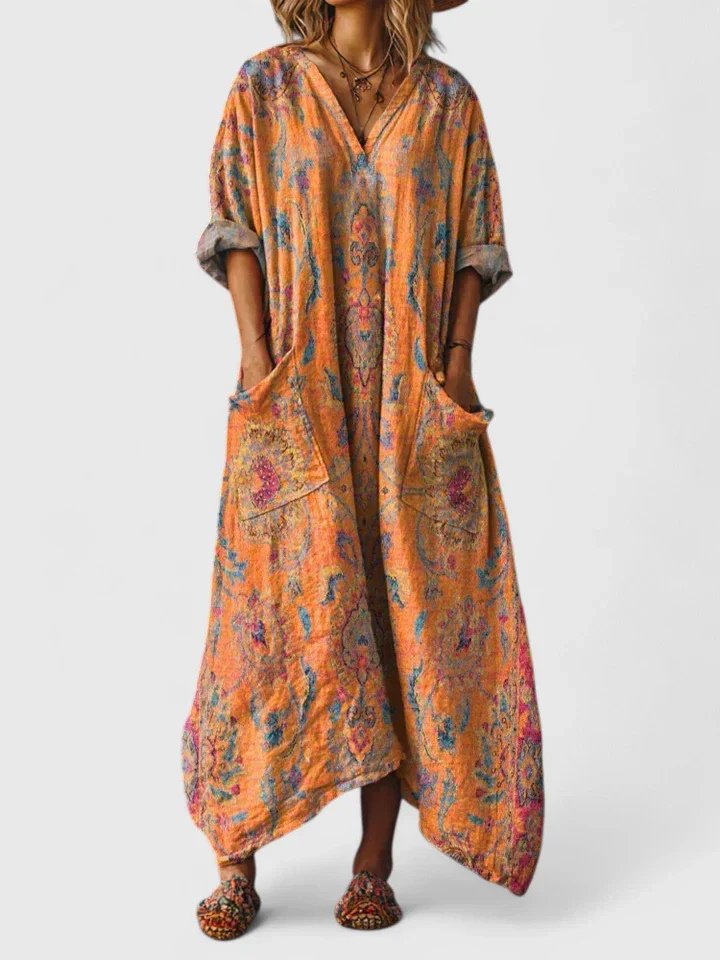 Lily | Robe maxi bohème en coton pour femme avec col en V et poches