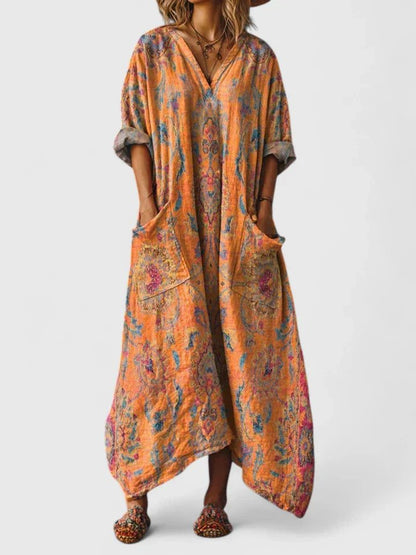 Lily | Robe maxi bohème en coton pour femme avec col en V et poches
