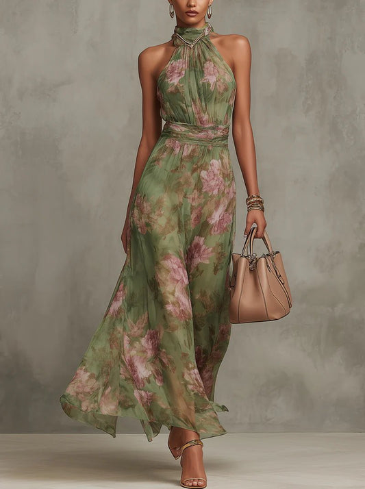 Lily | Robe longue à fleurs pour femme avec col licou