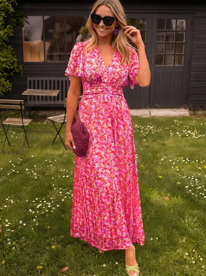 Lisa | Robe longue à manches courtes pour femme à imprimé floral