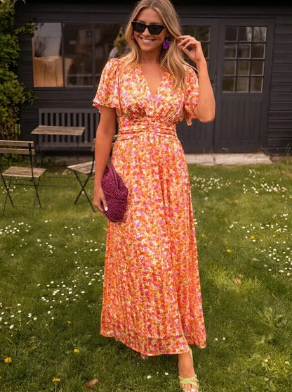 Lisa | Robe longue à manches courtes pour femme à imprimé floral